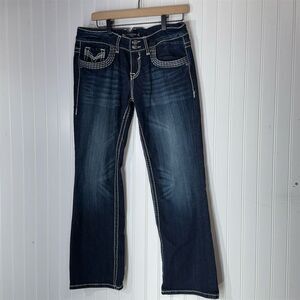 Vigoss Dark Wash Bootcut Jeans Thick Stitch Mid Rise 11 Distressed V Pkt Western